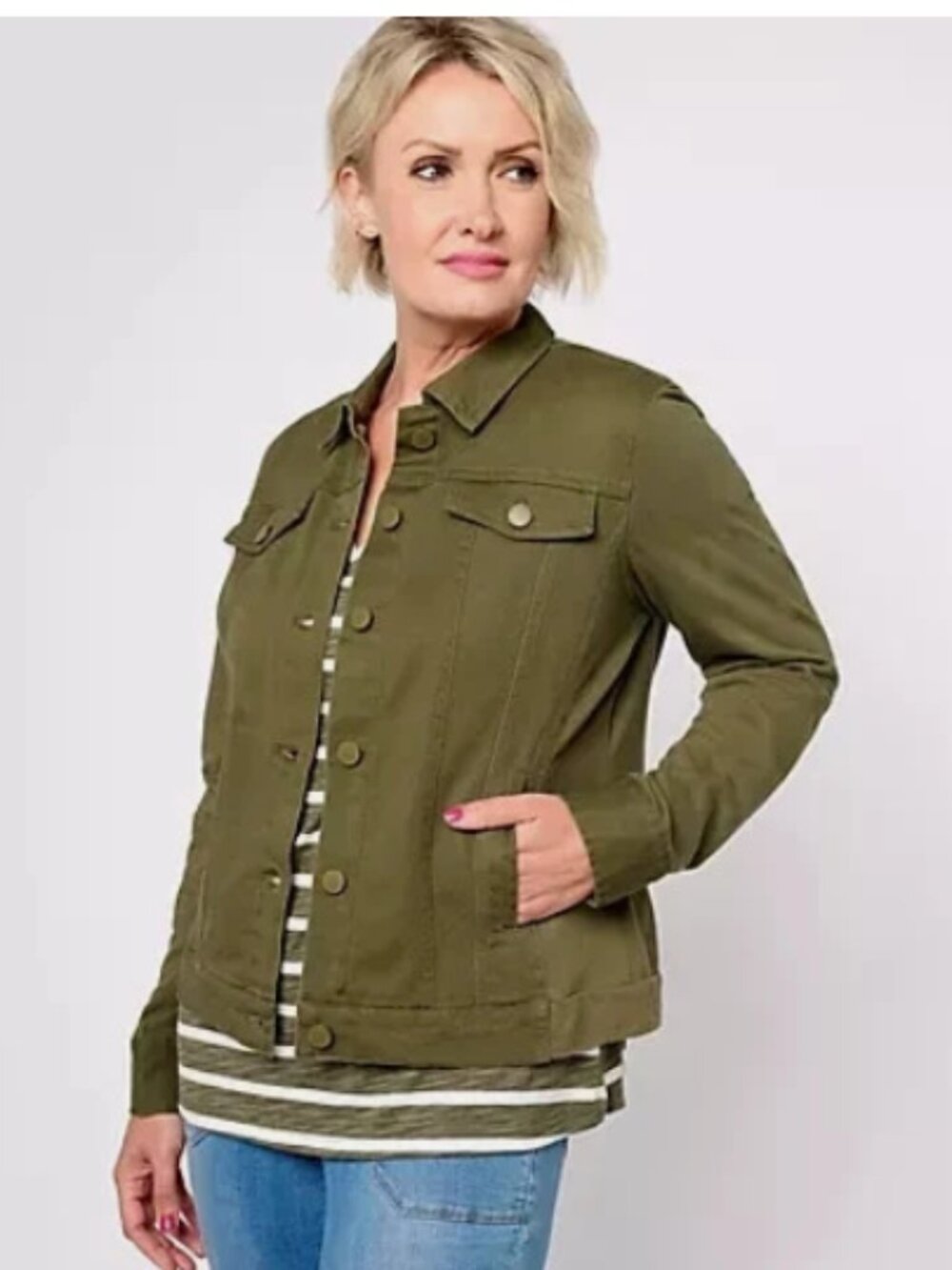 Belle by Kim Gravel Twill Jacket w/Knit Back and Sleeves-Olive Envy-XL A606112